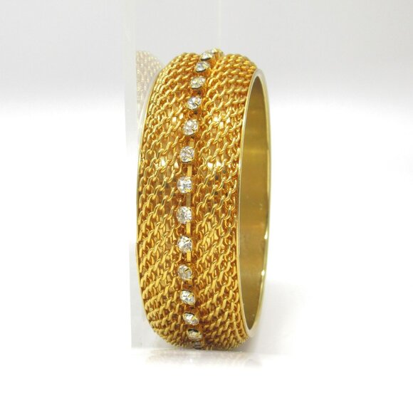 Y2K Gold Wide Mesh Bangle Bracelet Crystal Rhinestone Lee Angel Neiman Marcus - Picture 3 of 9